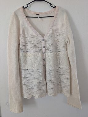 Free People Cream Lace-Trim V-Neck Cardigan